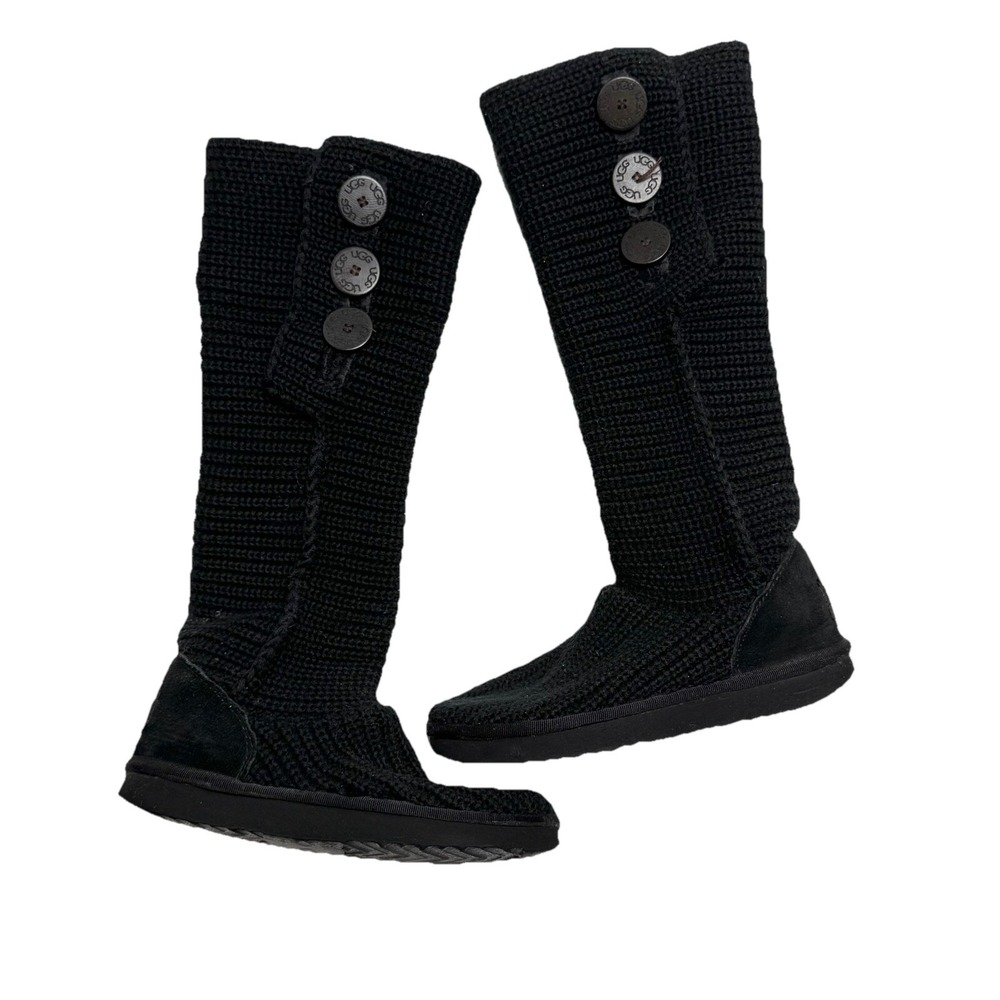 UGG Cardy Black Talk Knit Boots Women's size 7 Classic Three Buttons‎ Flaw 5819